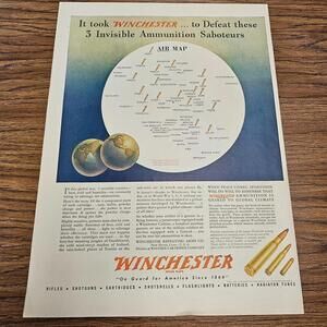 Vintage WWII Winchester Ammunition Ad • Global War Map • 1940s Military Firearms